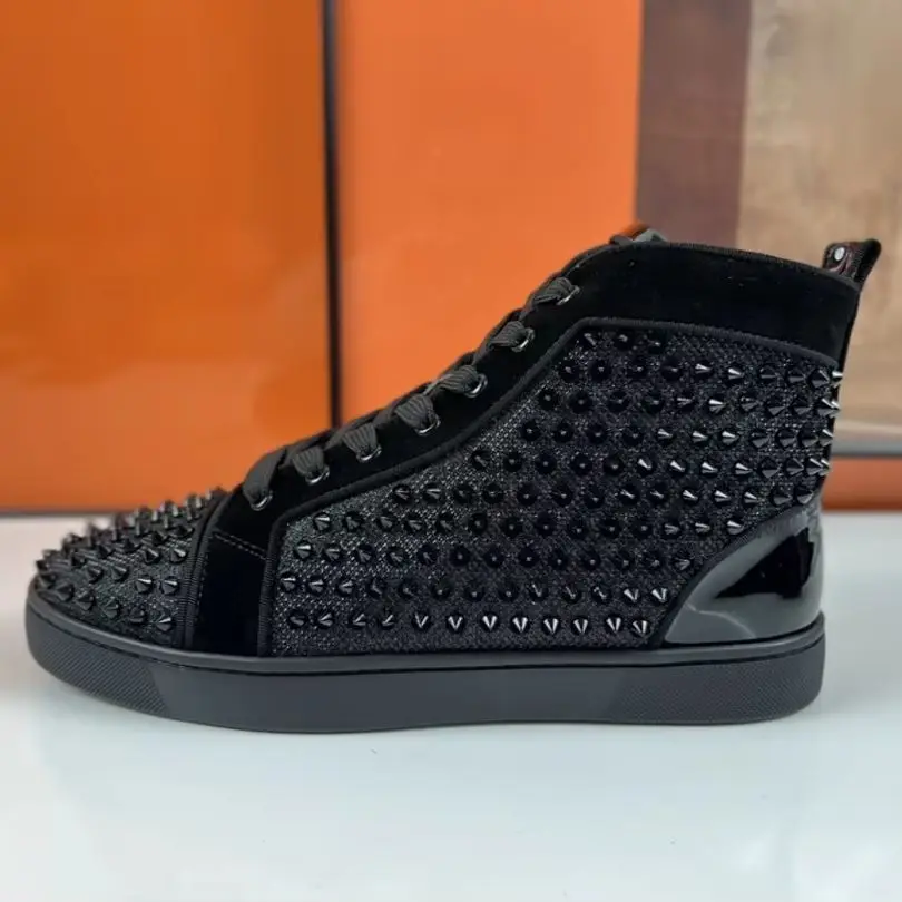 Men's High Top Sneakers All Black Spikes Studded Casual Shoes Punk Rock Gothic Red Bottom Hip Hop Lace Up Flats Zapatos Hombre