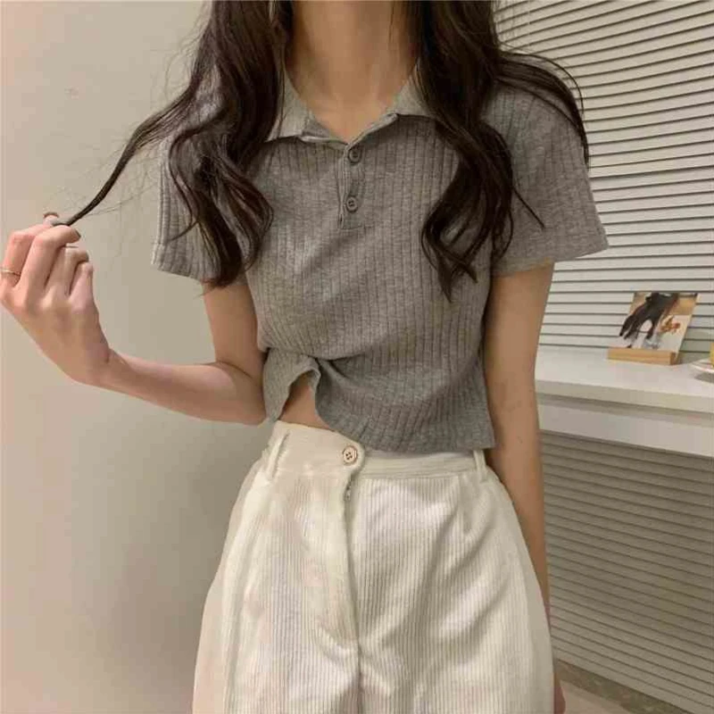 Korean Style 2026 New Arrival Summer Women's Collar Short Crop T-shirt Lightweight Short Sleeve Versatile Figure Flattering