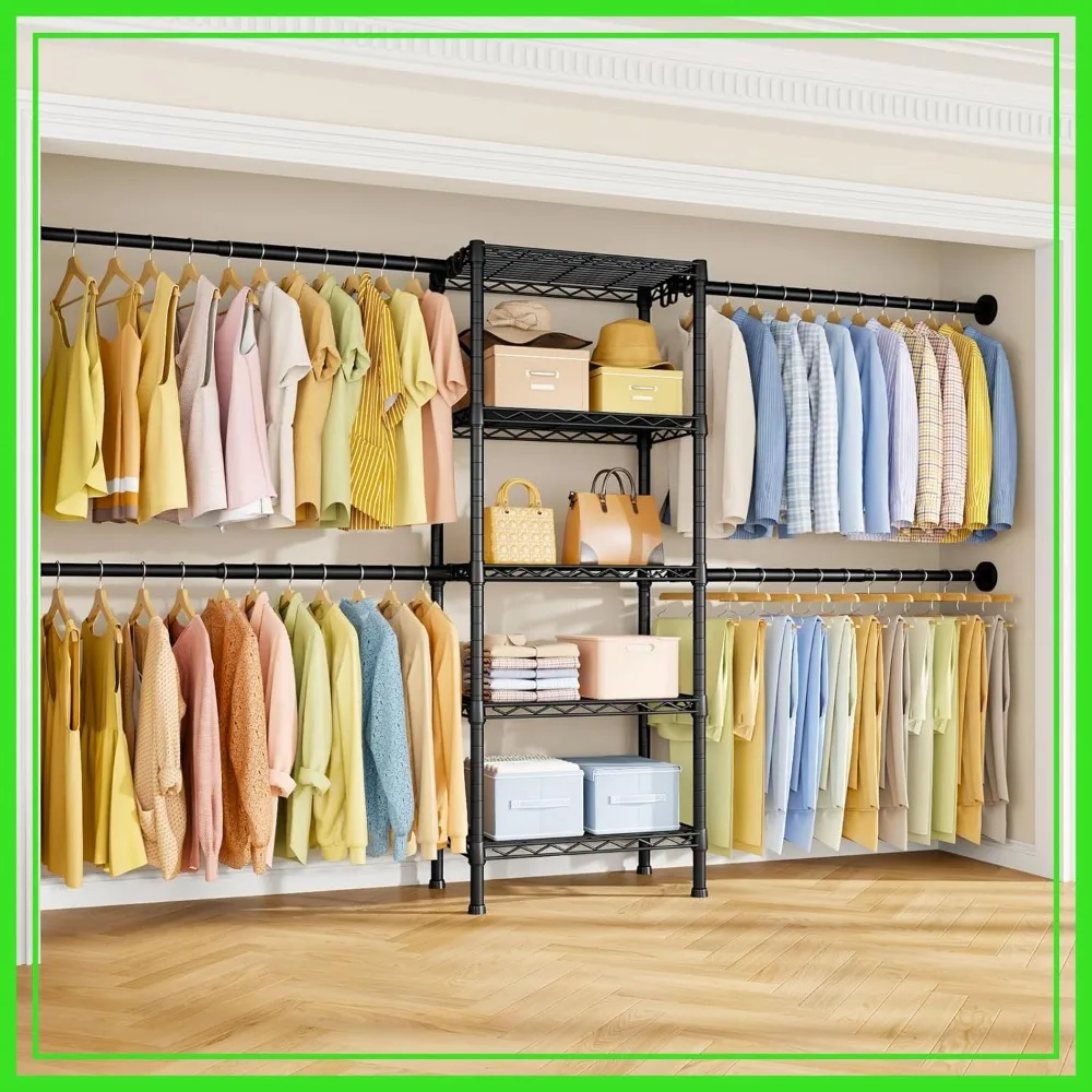 

Wall Mounted Closet System with 4 Expandable Rods & 5 Shelves, 70.8-102.3" L x 14.5" D x 71.2" H, Black