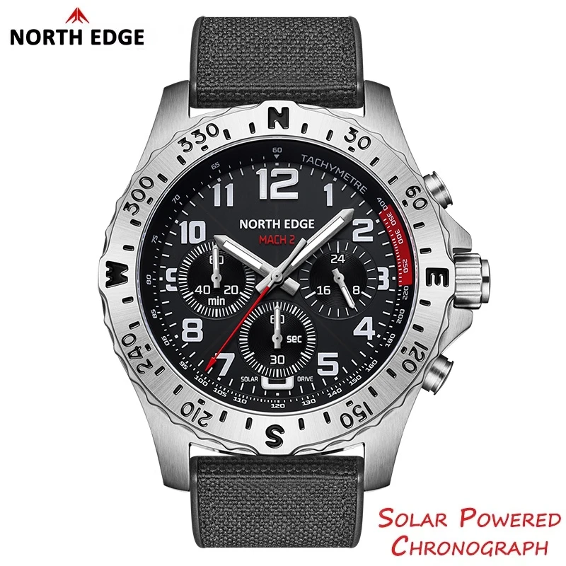 NORTH EDGE جديد MACH 2 ساعات رجالية الطاقة الشمسية 316 حاوية من الفولاذ المقاوم للصدأ ساعة كوارتز للرجال الطيار مقاوم للماء 50 متر ساعة توقيت