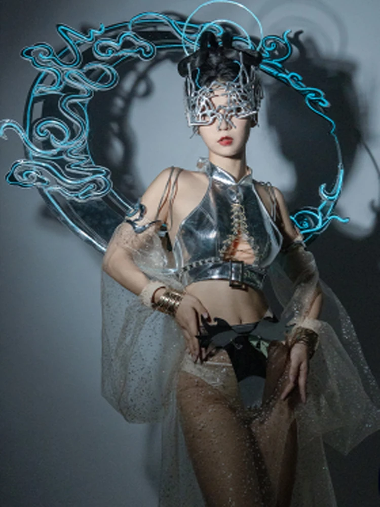 2025 technologia wyczucie chiński styl Chang'e srebrny strój klub nocny Gogo występ taneczny kostium sceniczny Bar Dancerwear yj228