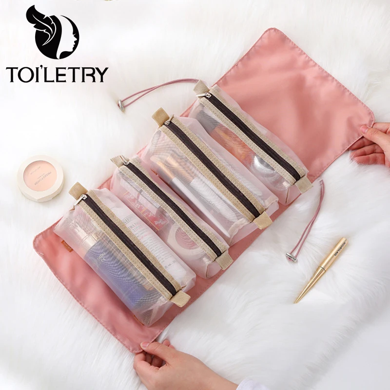 Bolsas de maquillaje desmontables, 4 piezas en 1, bolsa de cosméticos portátil, de viaje, plegable, Separable, organizador de artículos de tocador, novedad