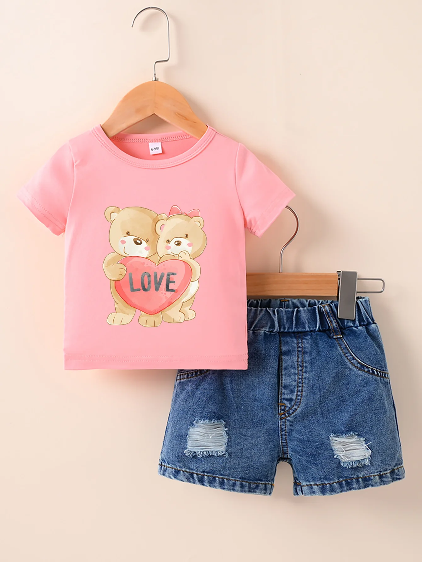

New Boys and Girls Short sleeved Pink T-shirt Round Neck Pullover+Denim shorts set