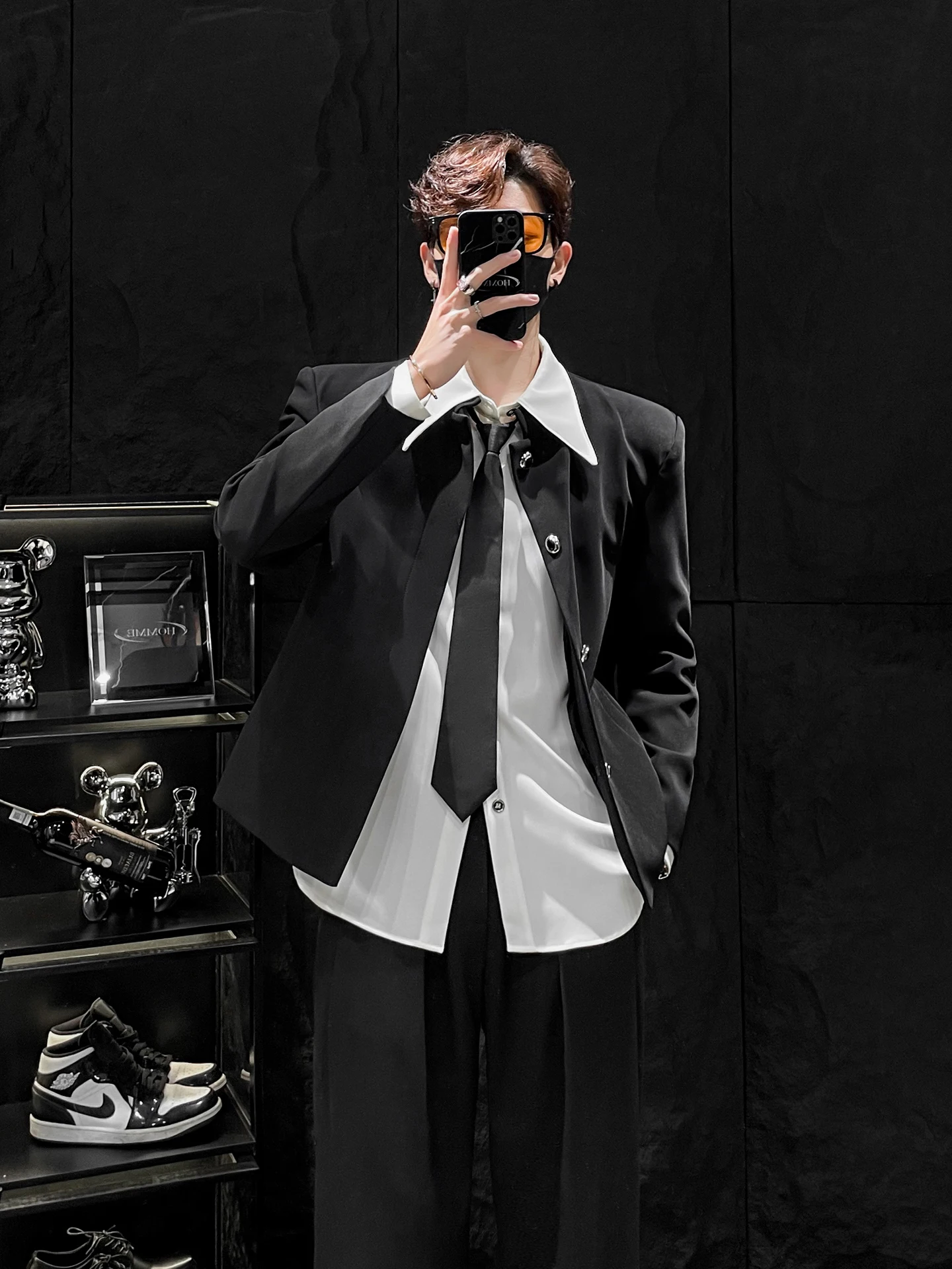 

Bla Suit Jaet for Men oulder Padded Stand Collar Korean Sle Trendy Autumn Casual Wear Straight Hemline Long Sve