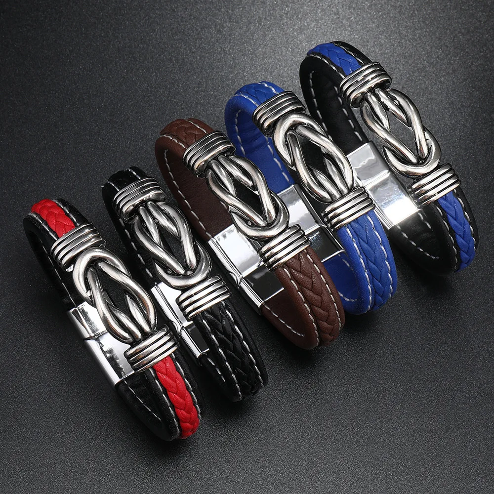 Luxury Leather Infinity Symbol Mens Bracelet Stainless Steel Buckle Couple Bangles Jewelry Wholesale New Year Men Gift