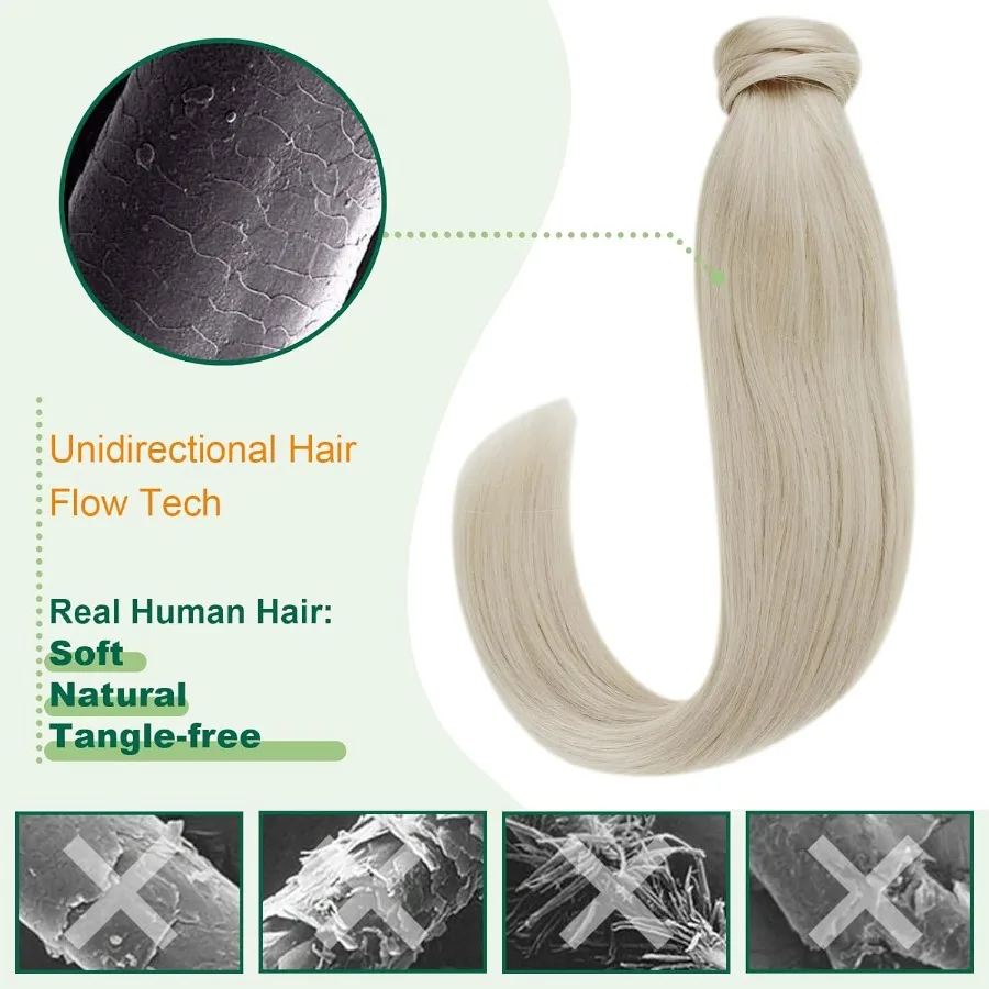 وصلات شعر بشري أشقر طبيعي المظهر على شكل ذيل حصان للارتداء اليومي والمناسبات الخاصة 12 بوصة وصلات شعر أشقر أبيض مع