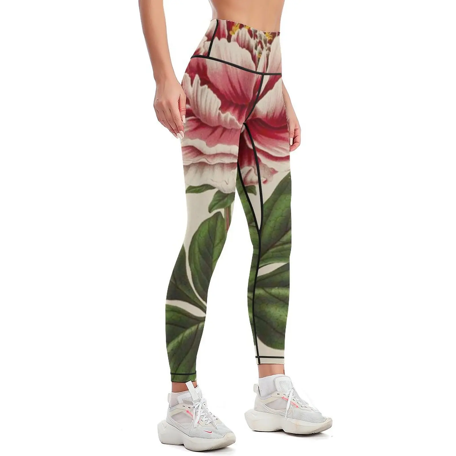 peony large watercolour antique vintage retro design restored print Leggings Fitness's gym clothes Womens Leggings