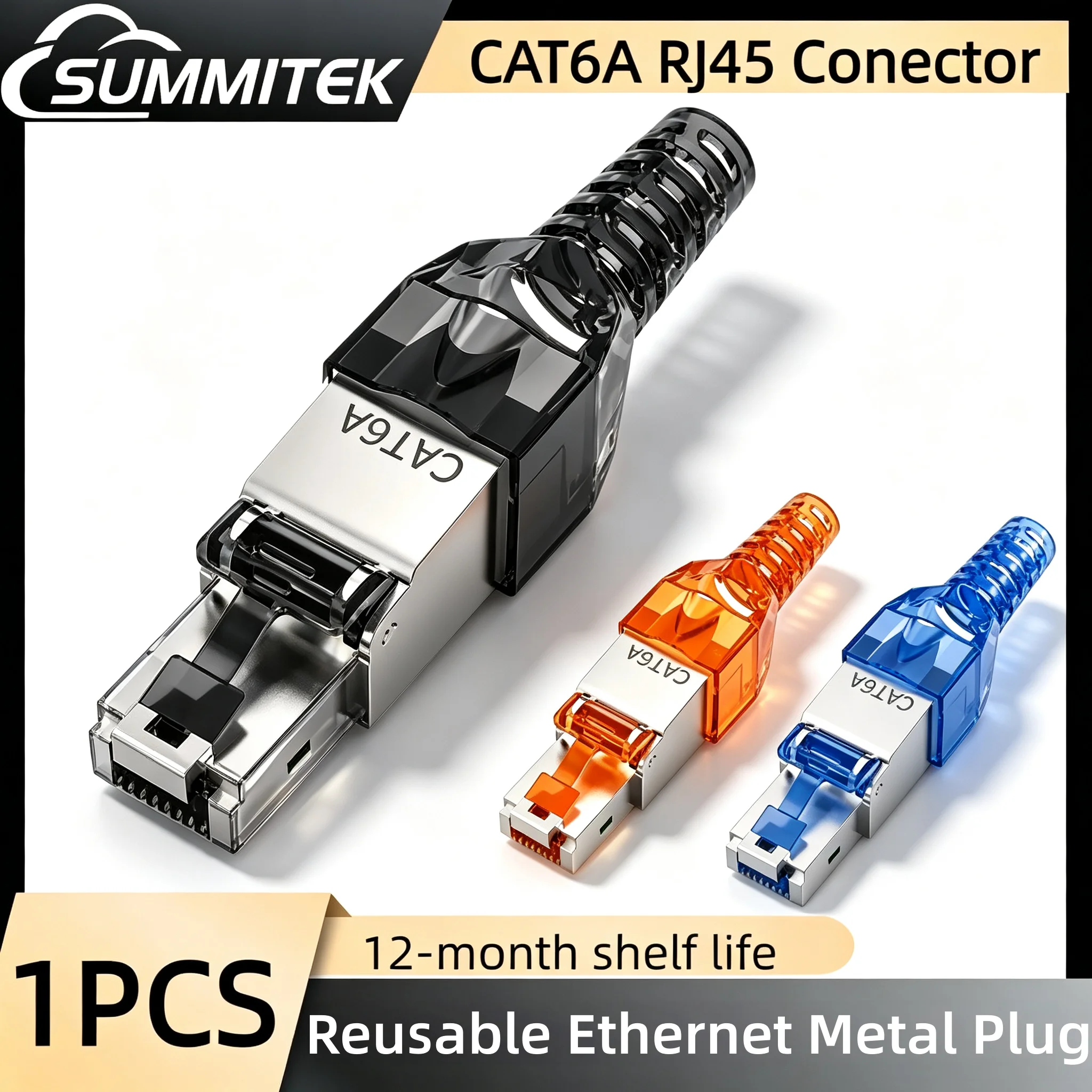 SUMMITEK CAT6A RJ45 Connector No Crimping Tools Required Network Cable Reuse Module Shielded Ethernet Metal Plug FTP 8P8C Crimp
