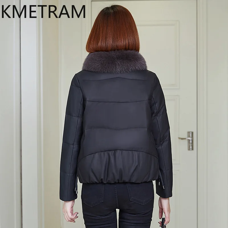 Damska kurtka puchowa ze 100% skóry owczej, krótkie płaszcze puchowe z prawdziwej skóry z kołnierzem z futra lisa, zimowe ubrania damskie 2025, пуховик