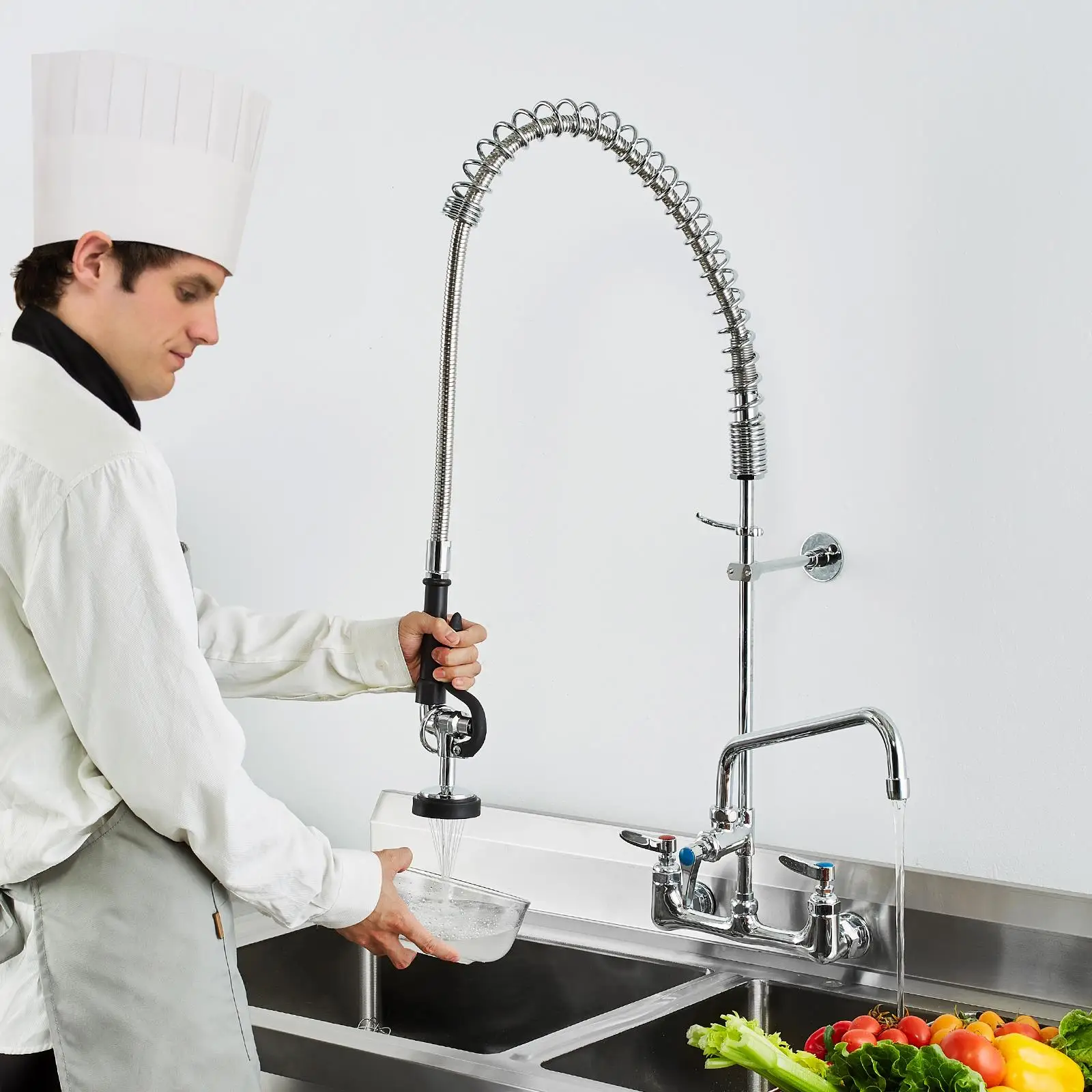 Wall Mounted Brass Kitchen Faucet 36 Tall 8 Installation Width with 12 Rotating and Pull Down Sprayer for single Double or Triple Sinks