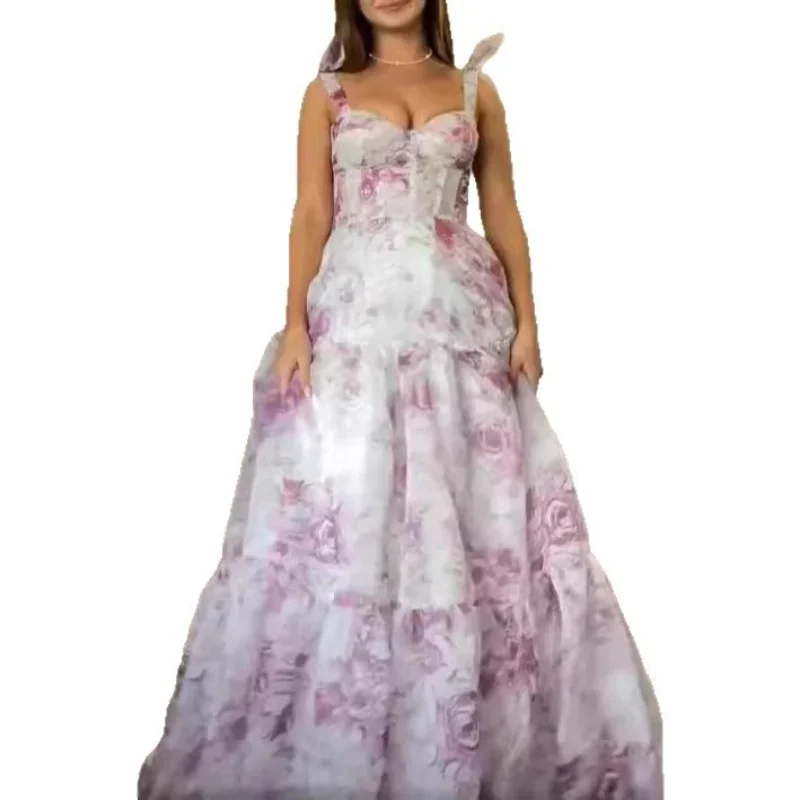 Lunaria personalizar sem alças floral impressão em camadas plissado vestido de baile lado alta divisão vestidos de noiva até o chão vestidos de noite