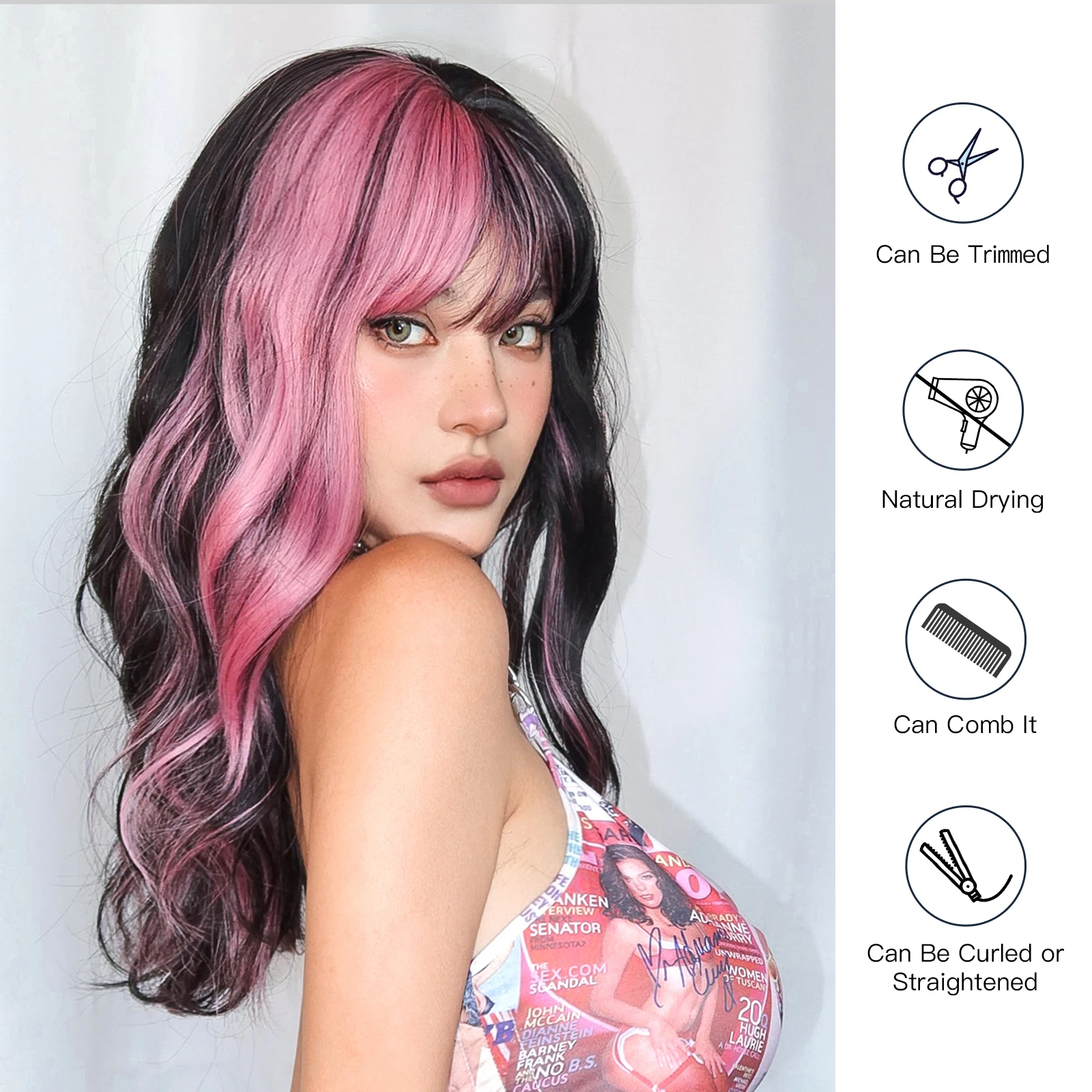 HENRY MARGU Mixed Black Pink Synthetic Wigs Long Natural Wavy Wigs with Bangs Pink Highlight Hair Party Use Heat Resistant Fiber