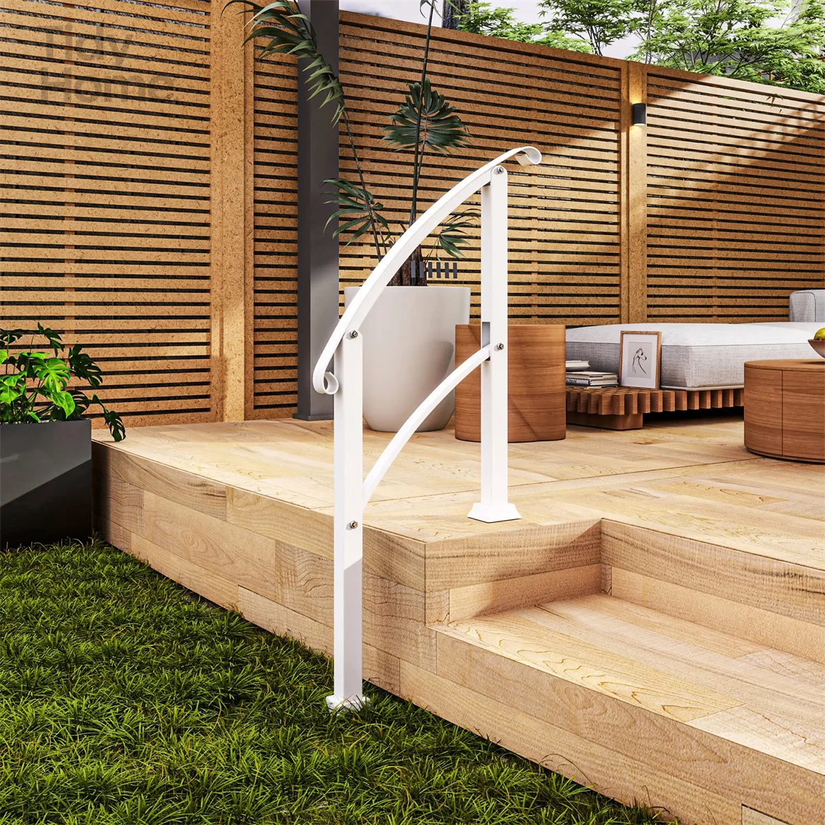 White Step Metal Handrails for Outdoor Steps Stair Railing, Adjustable Flexibility,