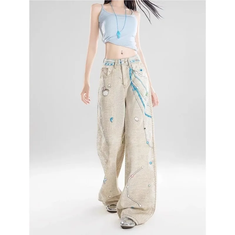 

2025 New American Retro Casual Denim Jeans Women's Spring Autumn Loose Slimming Wide Leg Pants Casual Trousers