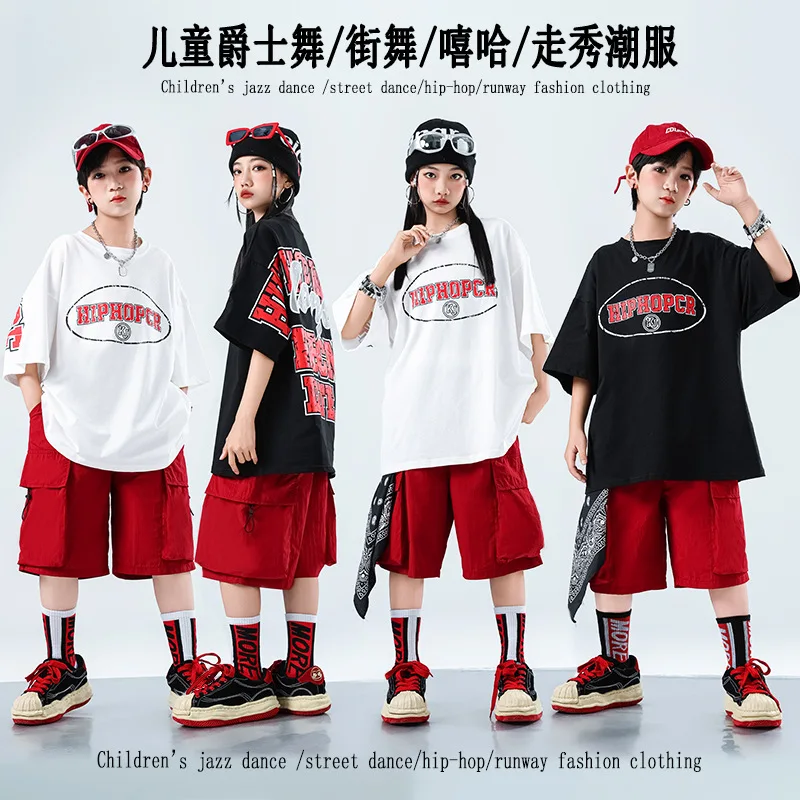 

Street Dance Kids Hip Hop Dance Performance Costume Boys Fashion Short Sleeve T-Shirt Red Shorts Suit Girl Catwalk Handsome Stag