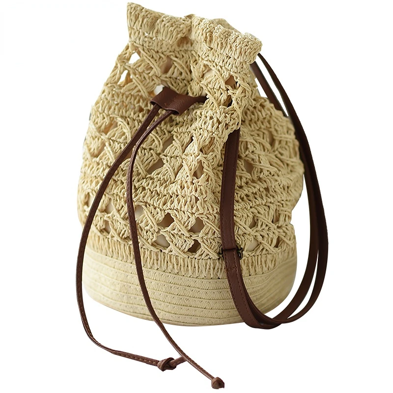 2023 Trendy Hot Crochet Hollow Bucket Crossbody Bag Summer Holiday Girls Shoulder Bags Travel Straw Drawstring Casual Handbags