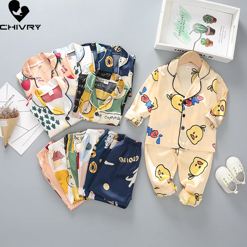 Kids Boys Girls Silky Pajama Sets Cartoon Long Sleeve Lapel Shirt Tops with Pants Baby Spring Summer Sleeping Clothes Home Wear