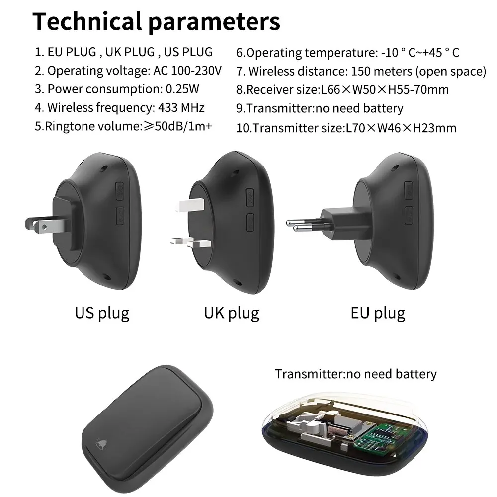 Wireless Doorbell Battery Free EU US UK Plug Waterproof Home Wireless Buzzer Welcome Doorbell