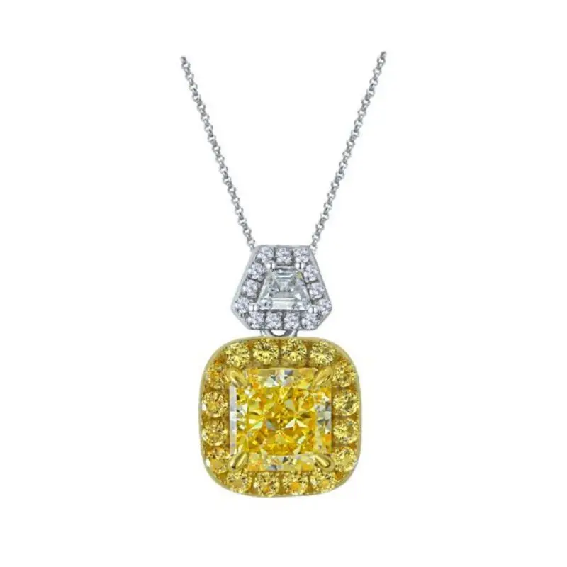 

100% Real 925 Sterling Silver 7x7mm Square Radiant-cut Yellow Diamond Pendant Necklace For Women Sparkling Party Fine Jewelry