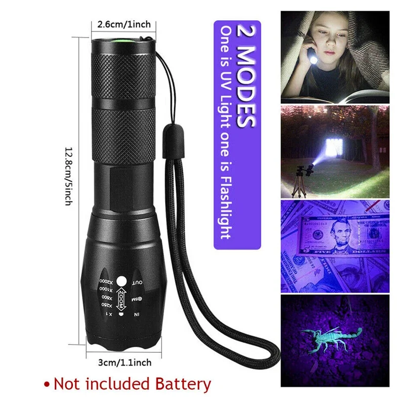 UV Flashlight Purple White Dual Light 395nm Ultraviolet Torch Zoom Flashlight Detection Lighting Lamp for Pet Stains Hunting