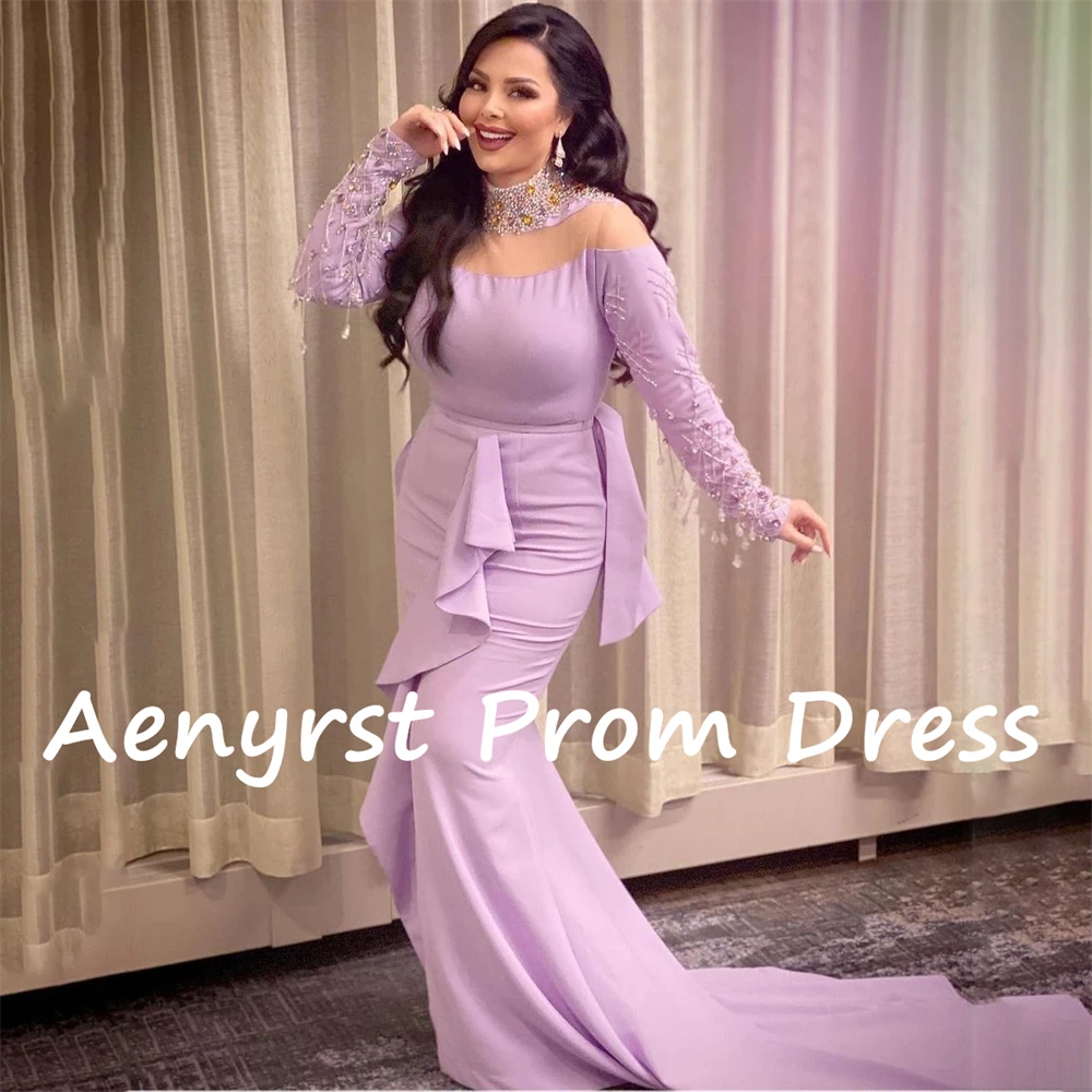 Aenyrst Purple Long Sleeves Crystal Saudi Arabia Prom Dresses Mermaid High Collar Evening Gowns Floor Length Dinner Party Dress