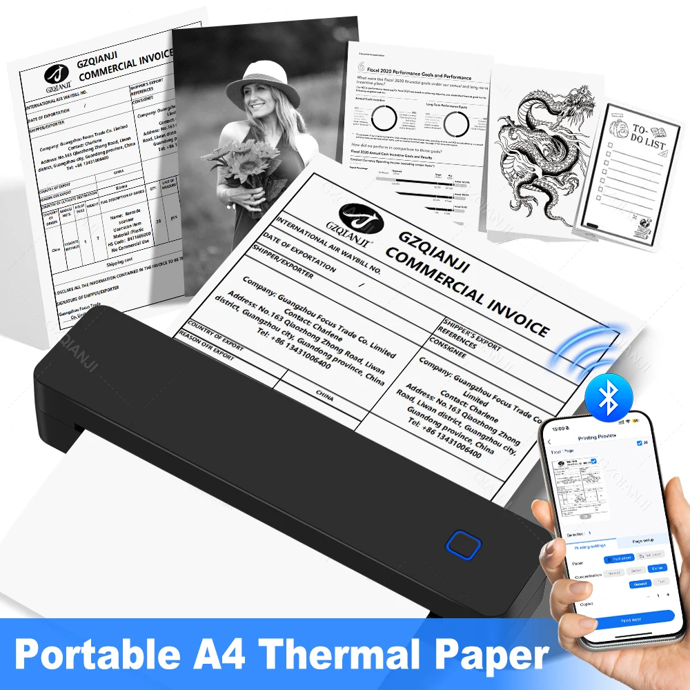 Mini-imprimante thermique Portable A4, compatible Bluetooth, Machine d'impression Photo PDF, rouleaux pliés de papier pour le bureau, la maison et les voyages