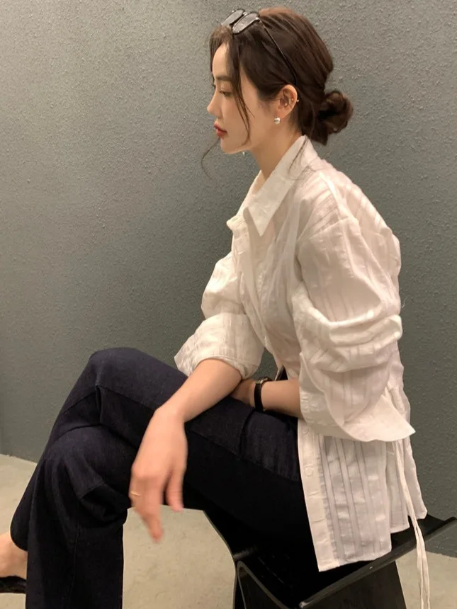 Ele Women's Long Sve irt Chic Design Striped Turn-down Collar Belted Slimming Trendy Breathable Polyester Fiber