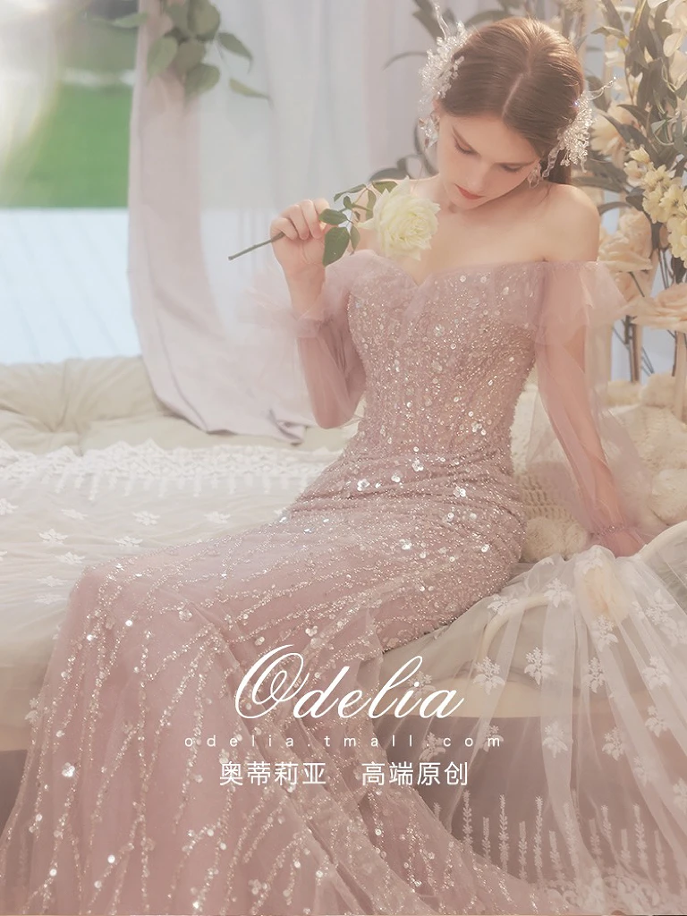 Vestido de celebridad de sirena brillante, rosa, cuello barco, purpurina, lentejuelas, manga larga, cuentas, boda, brindis, fiesta, vestido de noche