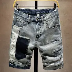 Men's Summer Casual Denim Knee-Length Shorts Kpop Designer Clothes High-End Distressed Jeans with Patchwork Elastic Ripped Hole