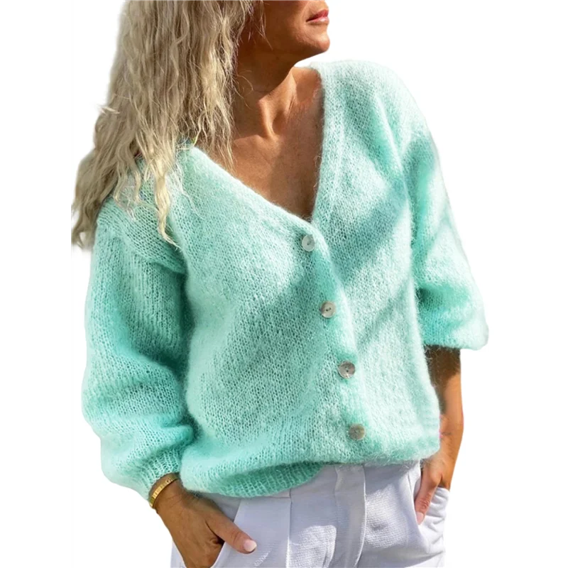 ABGR-سترة نسائية كاجوال بياقة على شكل حرف v وأكمام طويلة للخريف والشتاء بلون سادة سترة محبوكة بأزرار