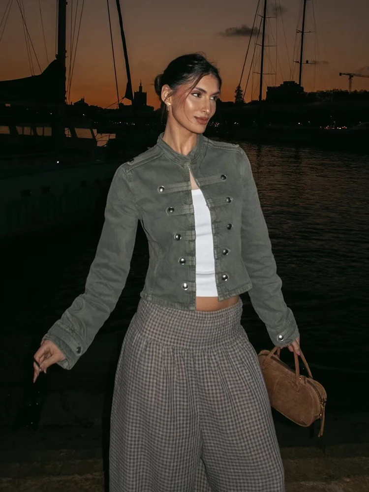 HH Spring Fashion Women Stand Collar Cropped Jacket, Vintage Military Double Breasted Metal Button Denim Long-Sleeve Coat