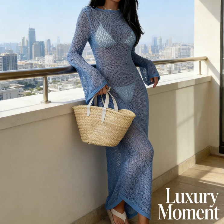 

2026 Spring Summer Women Dress Photo Booth Props Solid Color Sheer Long Sleeve Maxi Beach Dress European Style