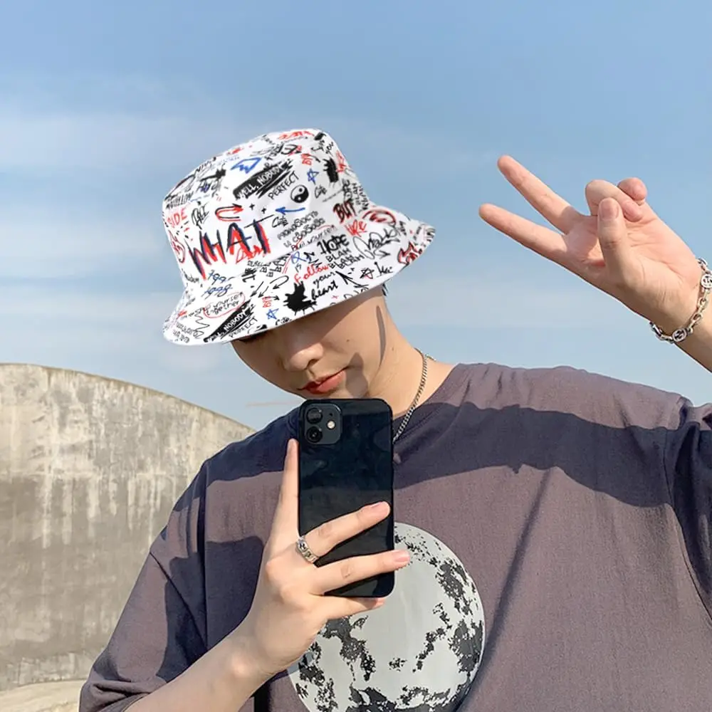 Graffiti Letter Print Bucket Hat Unisex Streetwear Summer Sun Hat UV Protection Casual Outdoor Fashion Statement Hat