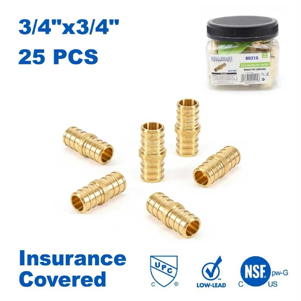 

KING SMART PEX B Coupling 3/4 inch; Lead Free Brass; 25Pcs/Case; 80215