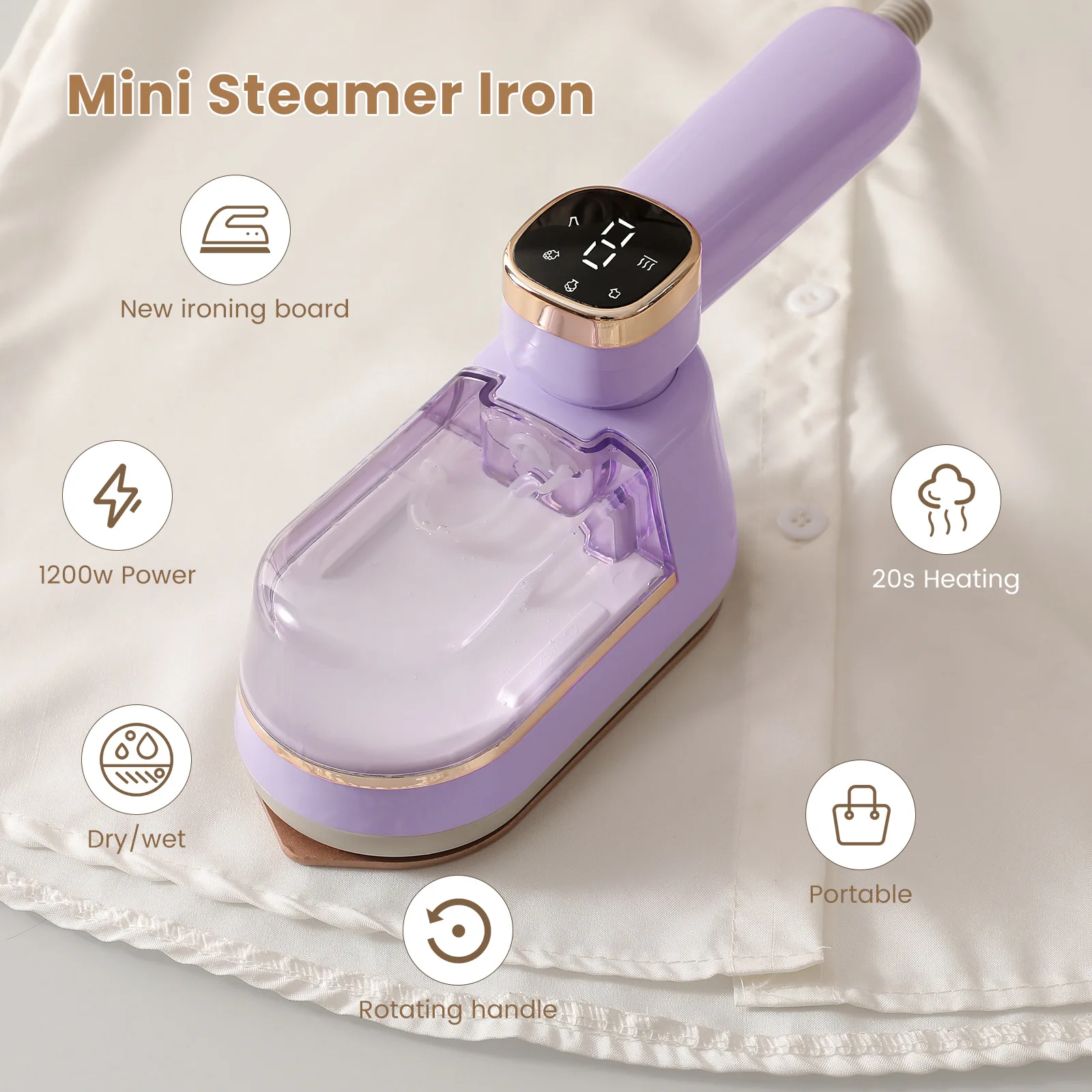 شاشة تعمل باللمس 180 °   مكوّاة معلقة محمولة، متعددة السرعات، خزان مياه قابل للفصل، مكواة بخار عالية الطاقة وسهلة التنظيف