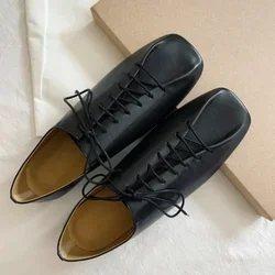 French Retro Pleated Cross Tie Flat Bottom Soft Leather Shoe Spring/Summer New Simple Square Headed Strap Single Shoes Size 43