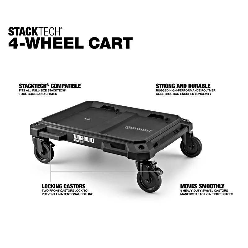 TOUGHBUILT TB-B1-T-10 StackTech Mecanismos de bloqueo de carrito de 4 ruedas Ahorre esfuerzo Carro de herramientas firme con rueda giratoria