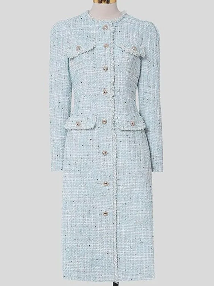 Women\'s Dresses Winter Long Sleeves Luxury O-Neck Tassel Single Breasting Tweed Dress Korean Blue Elegant Slim Dress