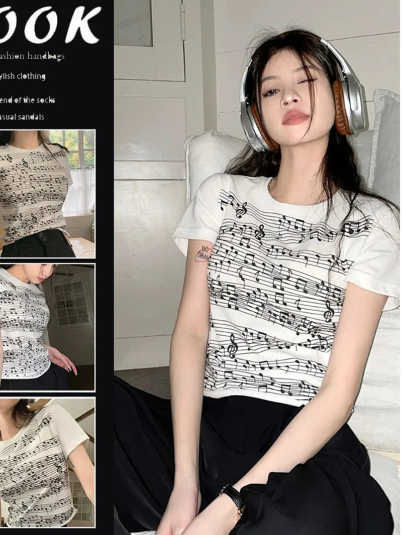 

Футболка женская с коротким рукавом, приталенная рубашка с принтом музыкальных точек, острая девушка, в американском ретро стиле, нишевая модель 0AMF