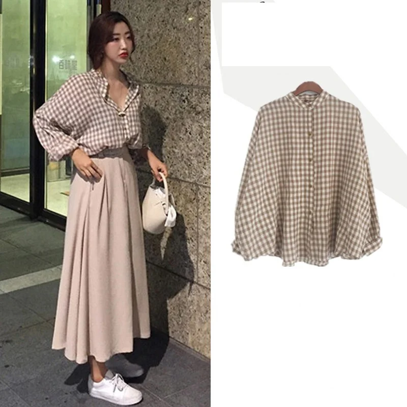 Cute Sweet Tops Women Fashion Temperament Lady Korean Design Boyfriend Blouses Shirts Cute Girls Button Plaid Loose Shirts 832