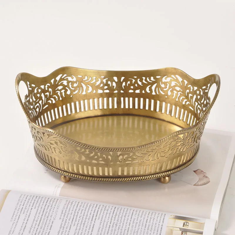 Handmade Brass Fruit Plate Fruit Basket Hollow Pure Copper Fruit Pot Living Room Coffee Table Table Decoration Furnishings