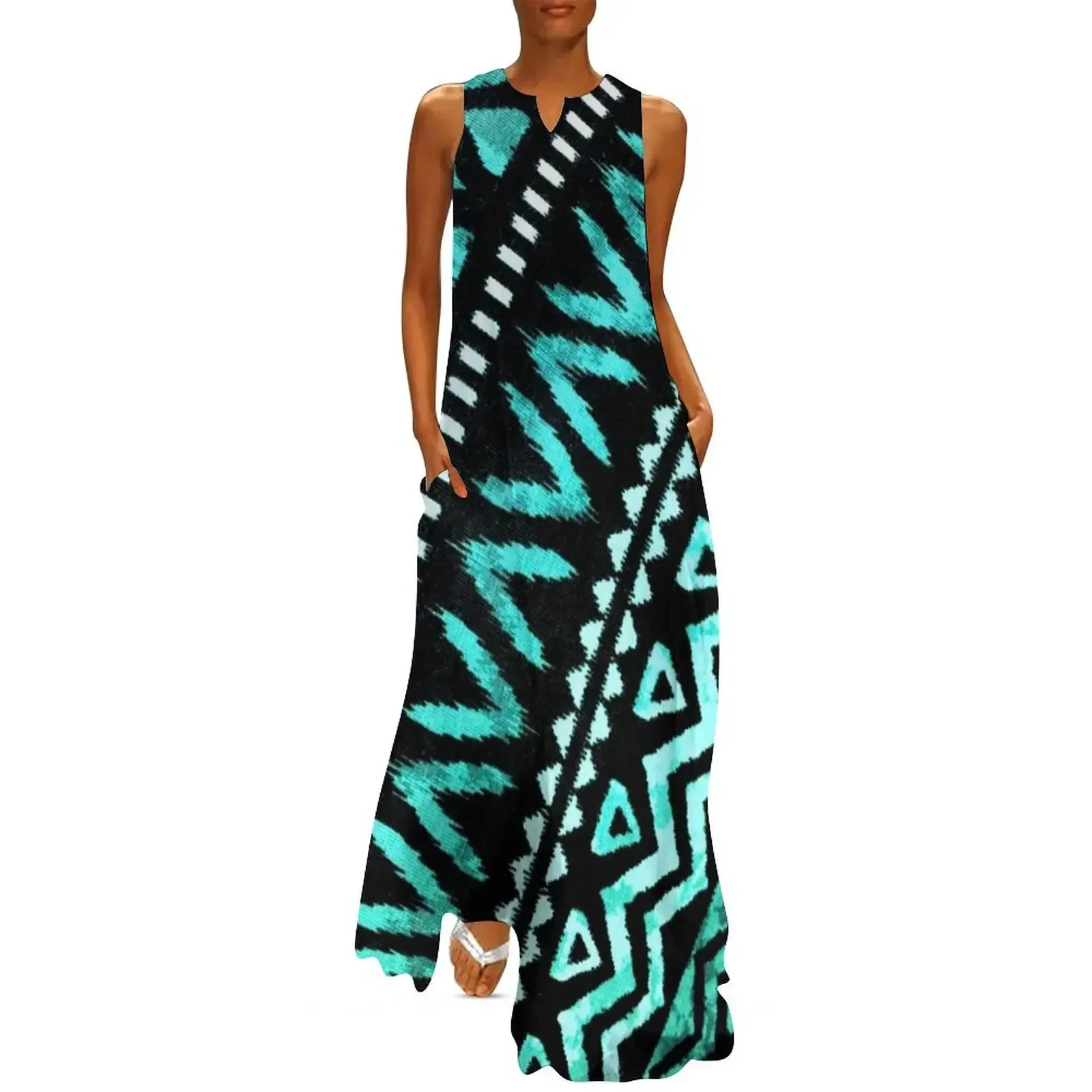 

1980s boho chic tropical tribal pattern turquoise teal aztec Long Dress women's elegant loose dresses dress dresses Dress