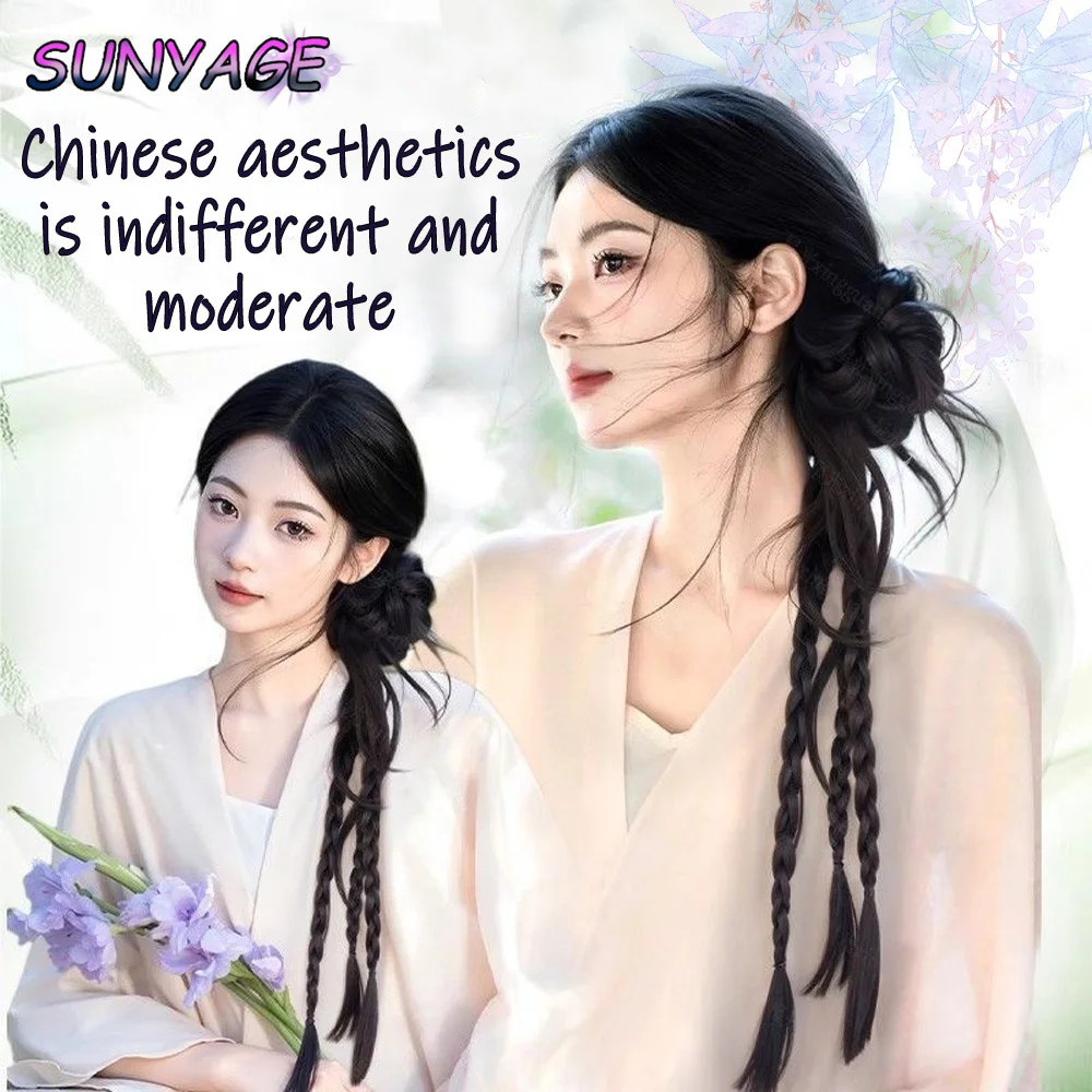 合成ロングブレイドポニーテールナチュラルヘアエクステドラゴンビアードフラワーバッドヘッドクロウクリップスタイルふわふわお団子ヘアウィッグ女性用