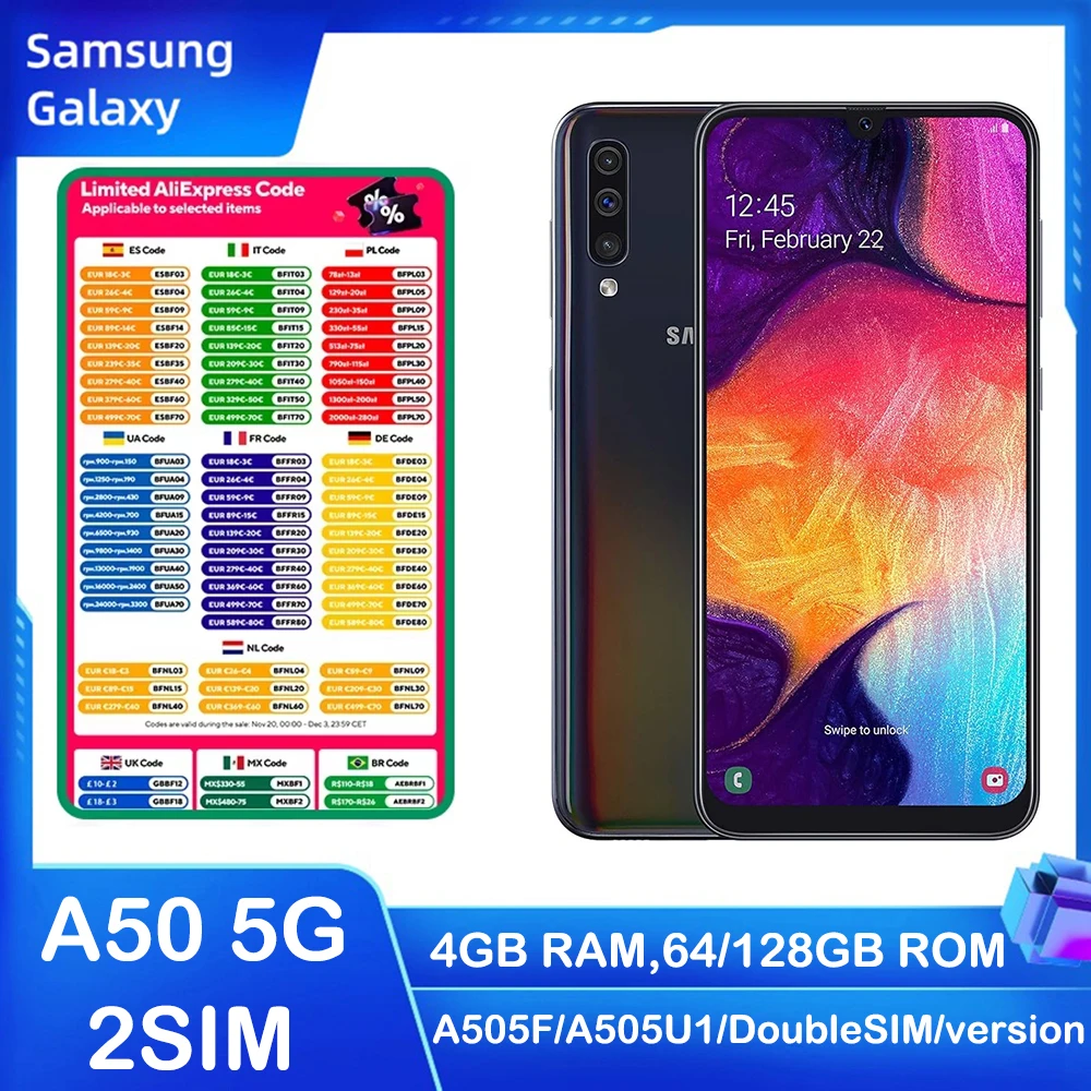 Samsung Galaxy A50 5G A505U/A505F Smart Android Phone 6.4-inch 4000mAh 25MP NFC Fingerprint Samsung US/Global Version Unlocked