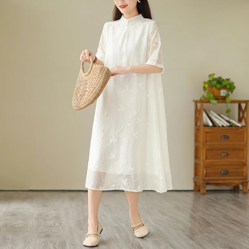 

Solid Embroidery Half Sleeve Ramie Dress Women's Summer New Chinese Style Standing Collar Cotton and Hemp Loose Long Dress X1063