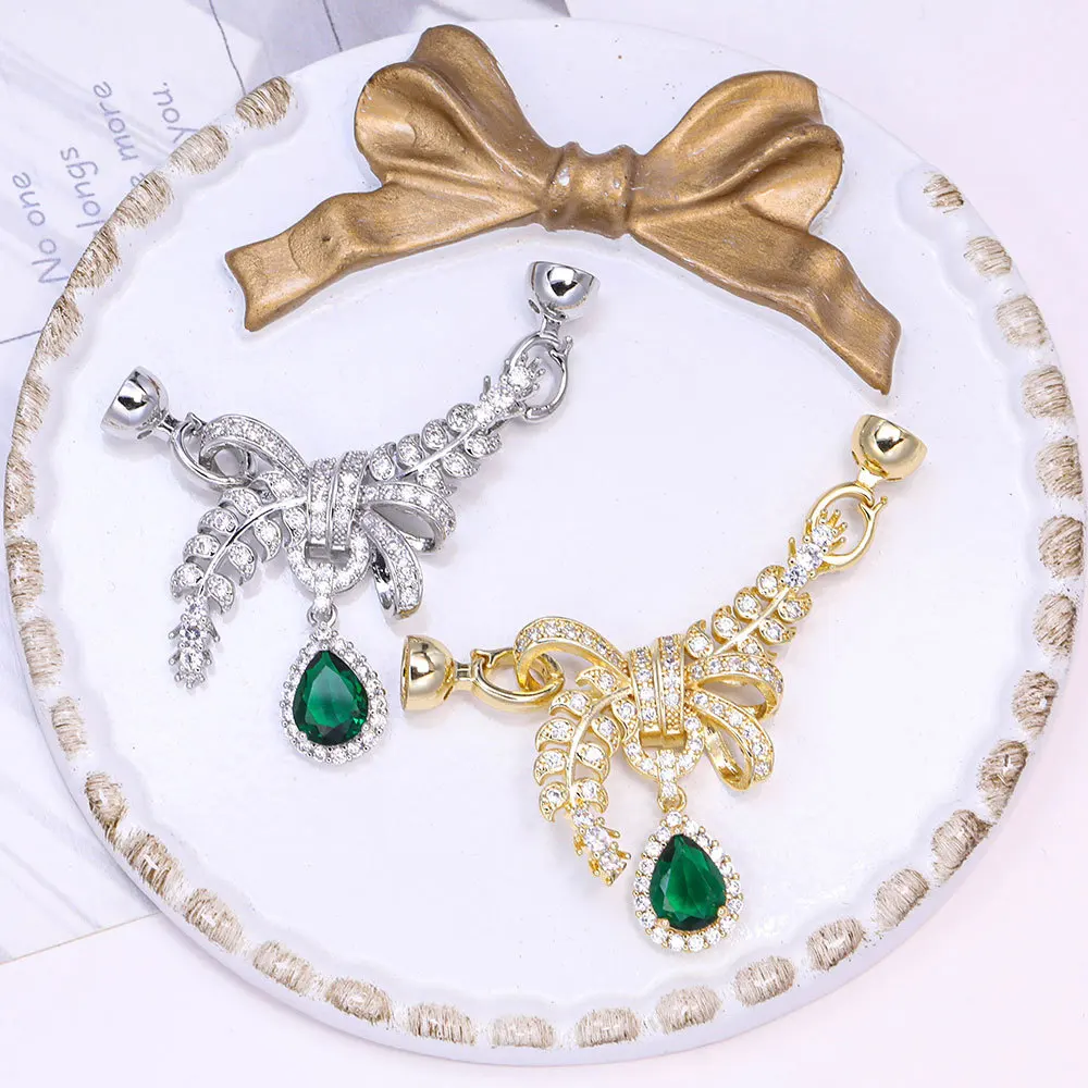 1 Piece Gold-plated Copper Emerald Wheat Ear Bow Pearl Clasp Removable Sweater Chain Pendant Clasp DIY Necklace Clasp Accessory
