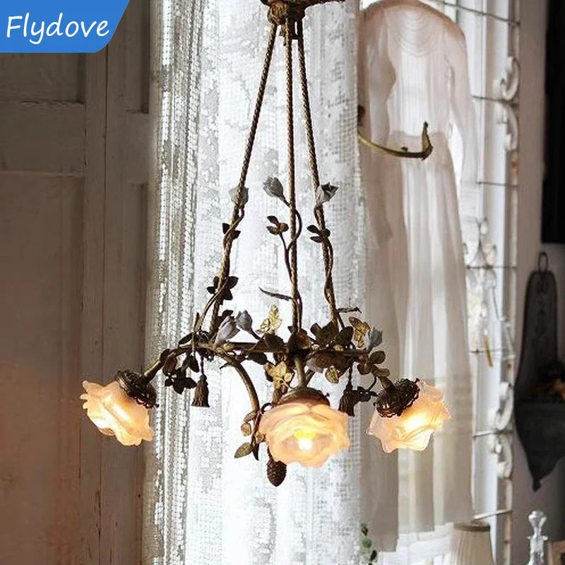 LED French Flower Full Copper Pendant Light Glass Shade Hanging Lamp Modern Home Decor Ceiling Lighting For Living Room Bedroom