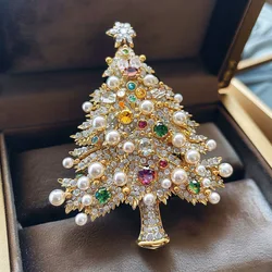 Classic Vintage Women Men Heavy Industry Crystal Pearl Christmas Tree Brooch Pin Elegant Festival Banquet Party Badges Buckles