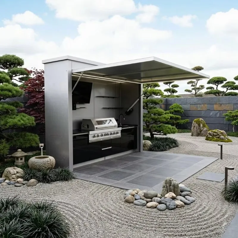 Outdoor Kitchen Shed SS304 Custom Gas Grill Pod Metallic Finish Anti-Insect Sink Fridge Villa Custom