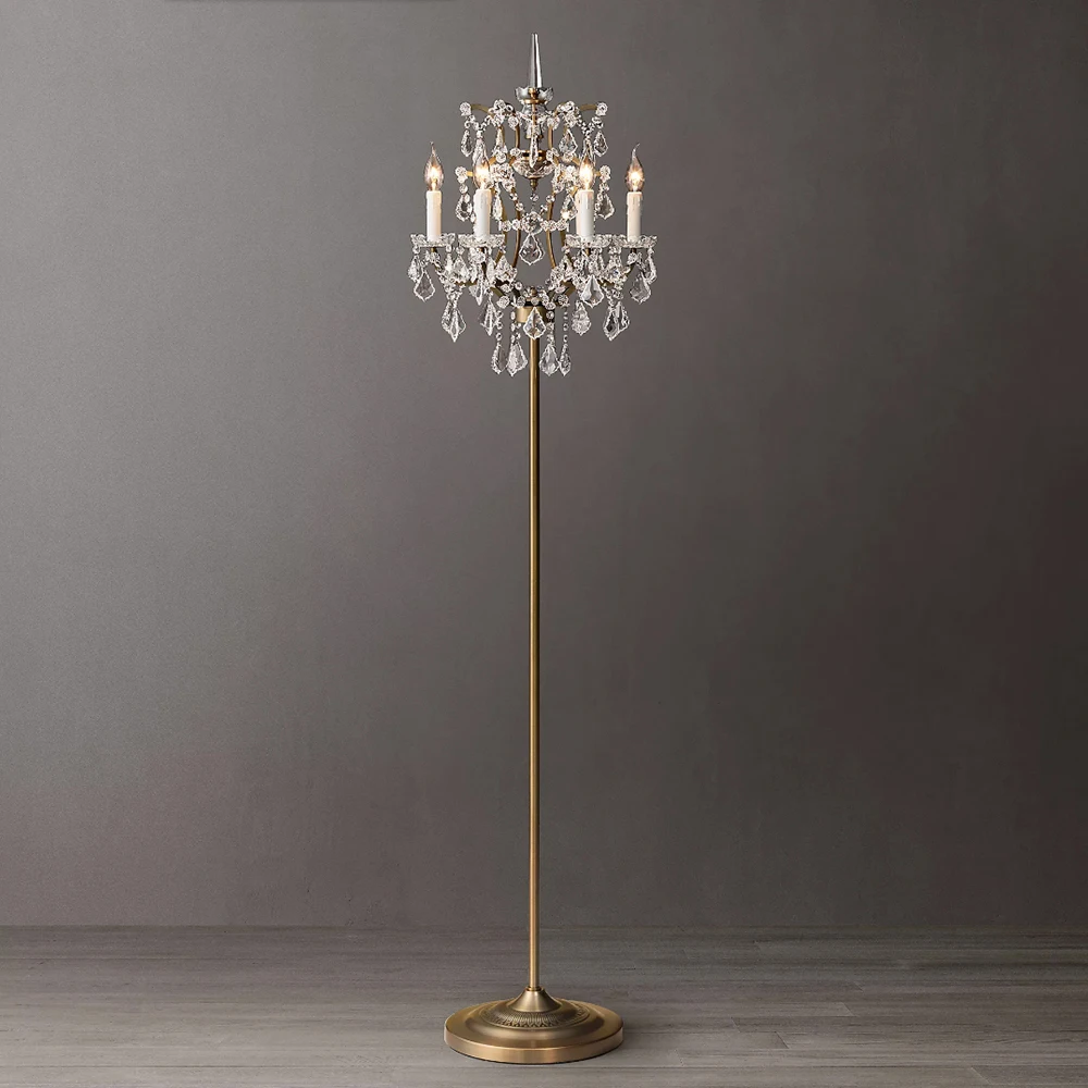 

19th C. Rococo Iron & Clear Smoke Classic LED Brass White Candle Standing Light Crystal Floor Lamps